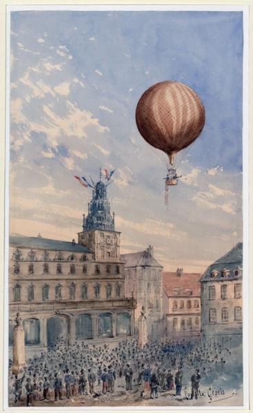 Balloon with two passengers ascending over a town square, with French flags flying from tower and many spectators below