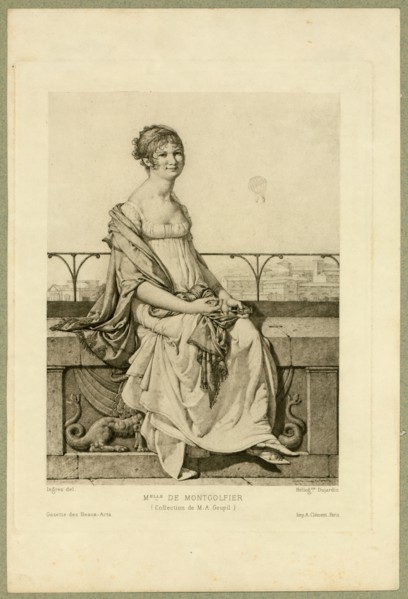 Full-length portrait of Adélaide Montgolfier, seated on a wall with balloons in the background.