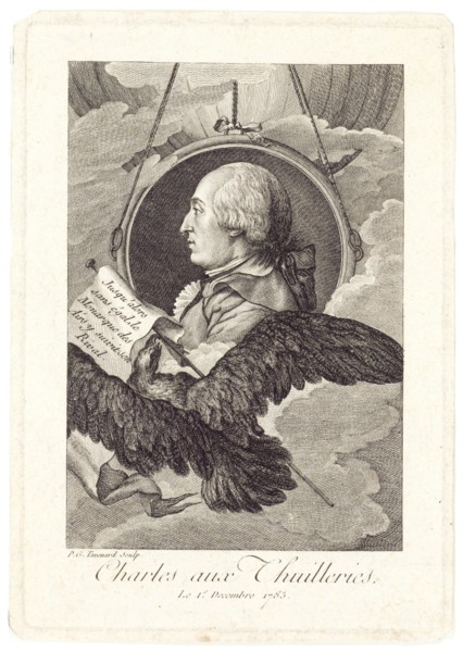 Head-and-shoulders profile portrait of French balloonist J.A.C. Charles, who made the first flight in a hydrogen balloon, Dec. 1, 1783.