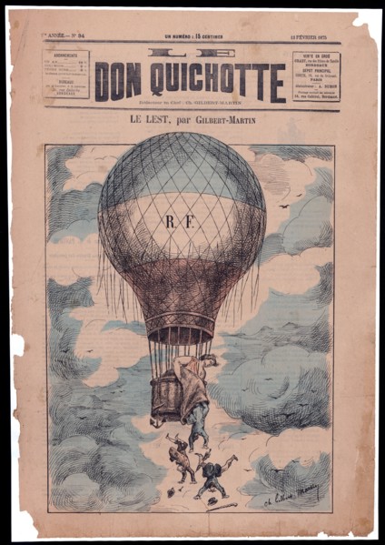 Le lest -  Charles Gilbert Martin - French cartoon shows Marianne (symbol of France) in a balloon labeled R.F. ca 1875