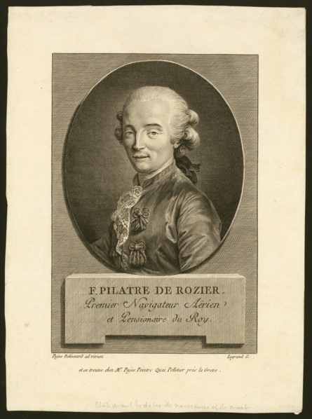 Oval head-and-shoulders portrait of French balloonist Jean-François Pilâtre de Rozier, who took the first balloon flight in 1783.