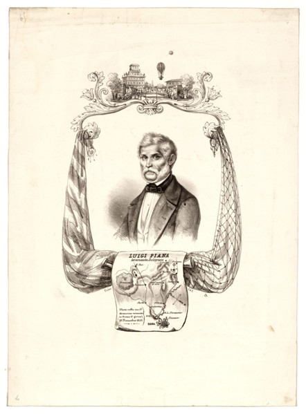 portrait of Italian balloonist Luigi Piana. Includes a map of his various balloon ascents from Rome