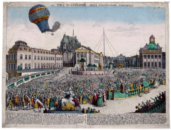 Vue d'optique shows the balloon launched by the Montgolfier brothers ascending from the Palace of Versailles, France, before the royal family, September 19, 1783.