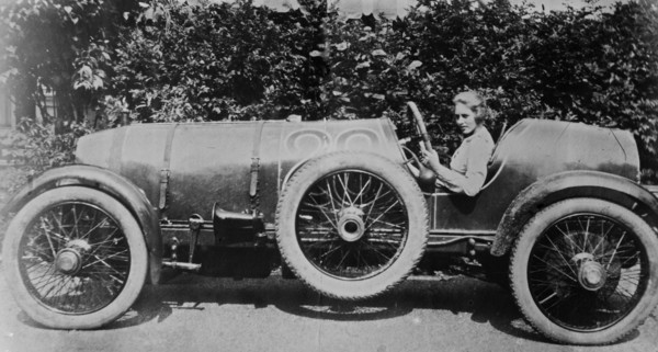 Katherine Drexel Dahlgren in her racing auto ca. 1910-1915