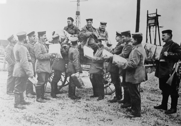 Arrival of gifts for German soldiers during World War I, possibly at Christmas ca. 1914-1915