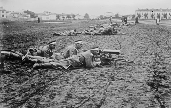 Soldiers with machine guns in Bulgaria, probably during World War I ca. 1914-1915