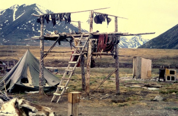 Drying racks, Anaktuvuk Village, Alaska ca. 1975