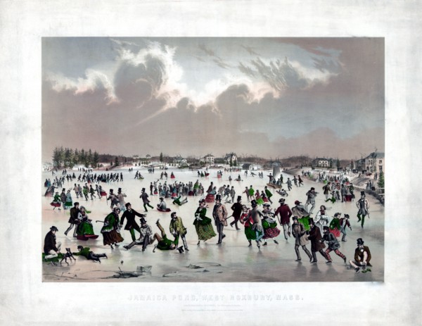 People ice skating on Jamaica Pond, West Roxbury, Massachusetts ca. 1859