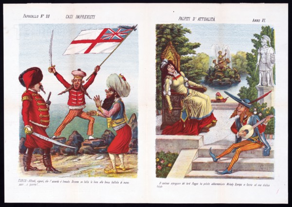 Casi imprevisti Palpiti d' attualità (Italian political cartoon by Grossi) ca. 1878