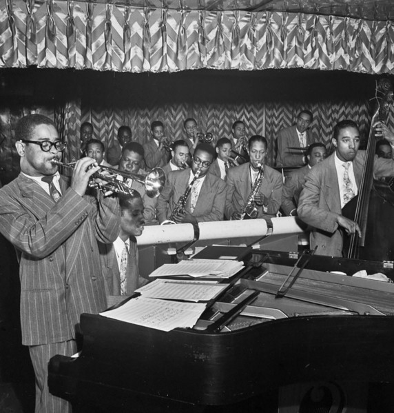 Portrait of Dizzy Gillespie, John Lewis, Cecil Payne, Miles Davis, and Ray Brown, Downbeat, New York, N.Y., between 1946 and 1948
