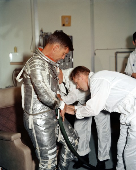 Astronaut Walter Schirra during suiting-up exercise prior to MA-8 flight