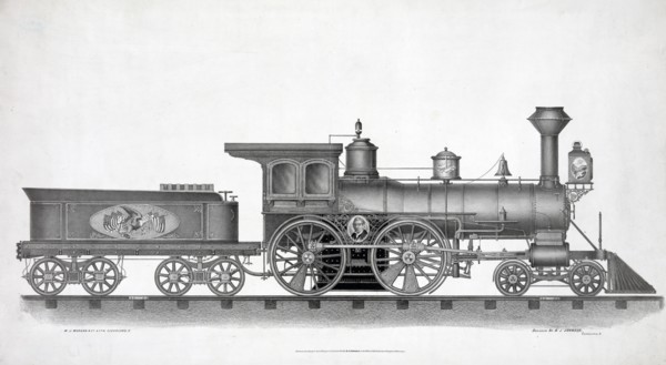 Railroad engine lithograph ca. 1874