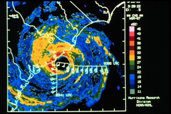 Digitized Charleston WSR-57 radar image of Hurricane Hugo with superimposed winds ca. 1989