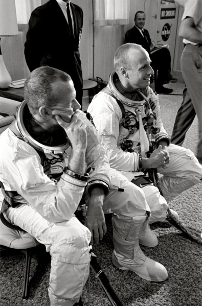 (19 Aug. 1965) Astronauts Charles Conrad Jr. (right) and L. Gordon Cooper Jr. are pictured during suiting up operations before Gemini-5 spaceflight.
