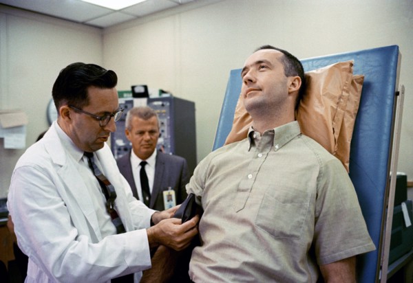 (1 June 1965) Dr. Charles A. Berry, chief of Center Medical Programs, MSC, Houston, Texas, prepares to check the blood pressure of astronaut James A. McDivitt, command pilot for the Gemini-Titan 4 spa...