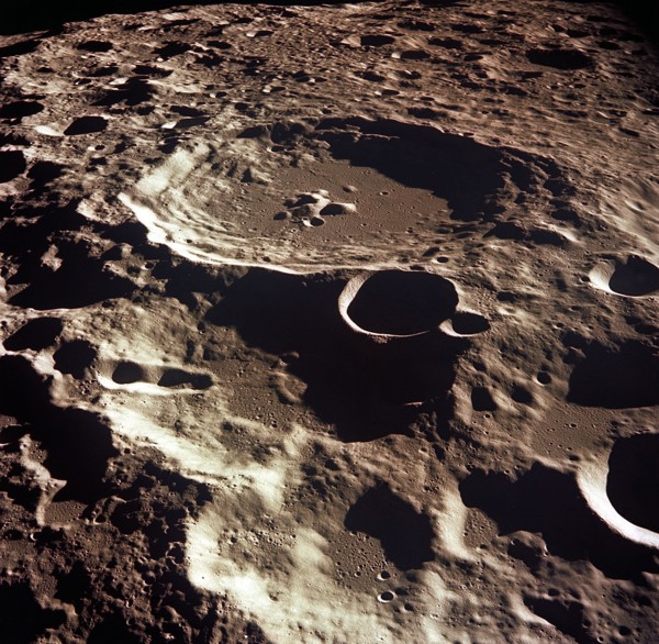(16-24 July 1969) An oblique of the Crater Daedalus on the lunar farside as seen from the Apollo 11 spacecraft in lunar orbit. The view looks southwest