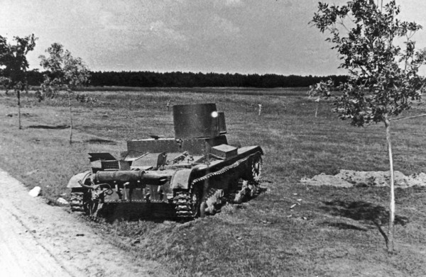 Operation Barbarossa: Broken Russian flamethrower tank KhT-26 (OT-26) destroyed during German invasion of Russia in 1941