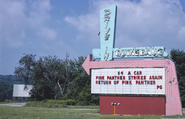 1970s United States -  Quinebaug Drive-In Theater sign horizontal view Route 131 Quinebaug Connecticut ca. 1977