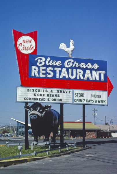 1970s America -  Blue Grass Restaurant sign, Lexington, Kentucky 1979