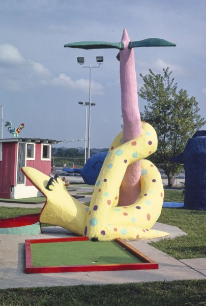1980s America -  Sir Goony mini golf, serpeant, vertical, gray sky, Chattanooga, Tennessee 1986