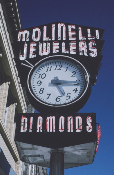 2000s United States -  Molinelli Jewelers street clock by day, Main Street, Pocatello, Idaho 2004