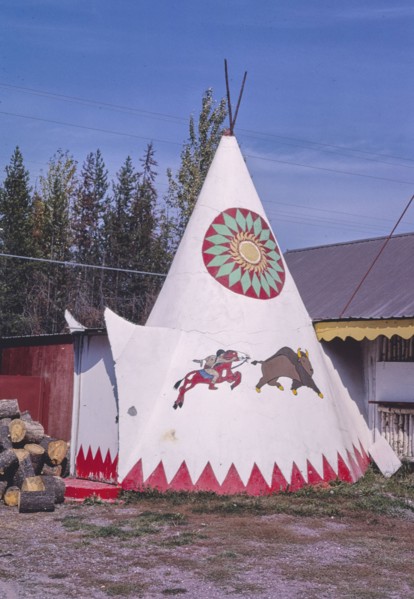 1980s United States -  Teepee BBQ at The Huckleberry Patch, Route 2, Hungry Horse, Montana 1987