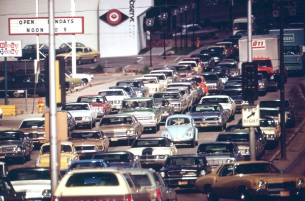 Traffic jam on Dodge Street, one of the city's main thoroughfares, May 1973 Omaha, NE