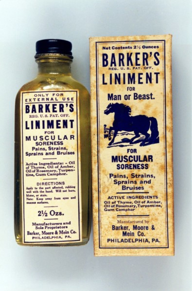 FDA History - Patent Medicines & Liniments - A bottle of Barker's Liniment (late 1800s or early 1900s)