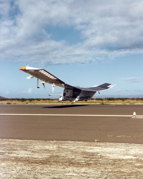 Pathfinder aircraft liftoff on altitude record setting flight of 71,500 feet ca. 1997