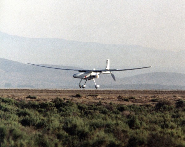 Perseus B Heads for Landing on Edwards AFB Runway - The Perseus B remotely piloted aircraft nears touchdown at Edwards Air Force Base, Calif. at the conclusion of a development flight at NASA's Dryden...