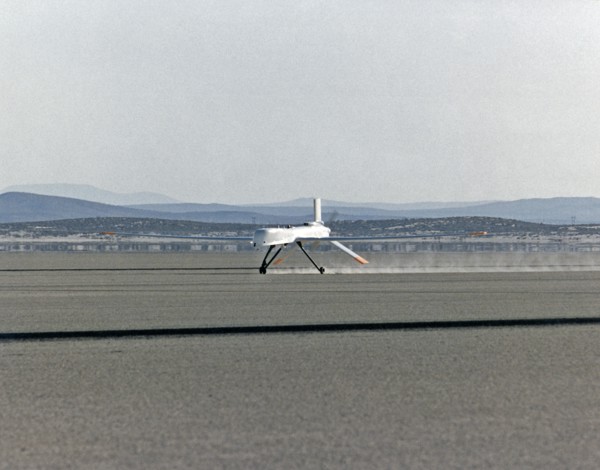 Altus I aircraft landing on Edwards lakebed runway 23 ca. 1997