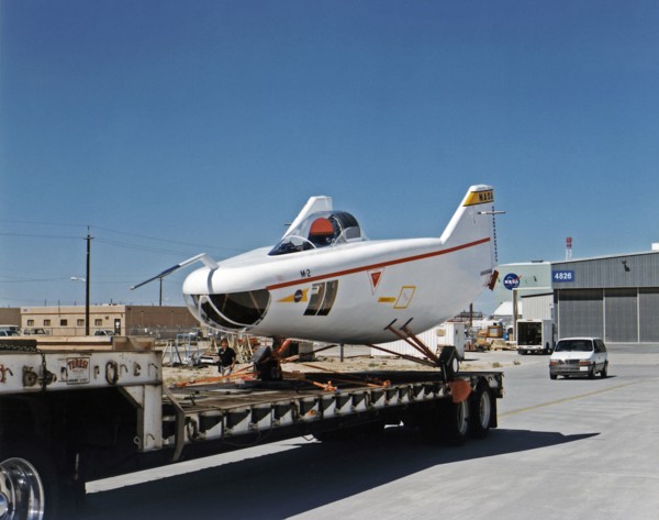 M2-F1 lifting body aircraft on a flatbed truck ca. 1997