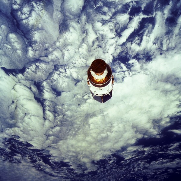 1991 - The free-flying Tracking and Data Relay Satellite-E (TDRS-E), still attached to an Inertial Upper Stage (IUS), was photographed by one of the crewmembers during the STS-43 mission.