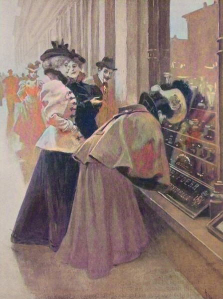Women are standing in front of the window of a jeweler and are looking for Christmas wishes