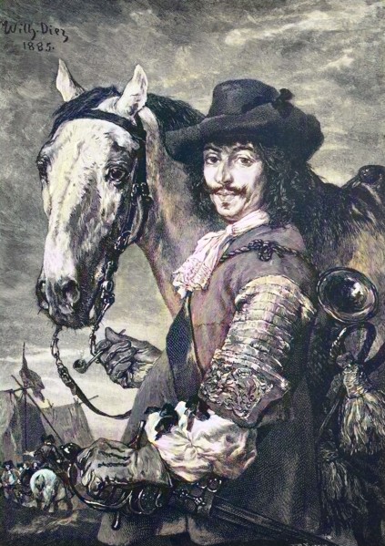 Trompeter aus der Zeit des dreißigjährigen Krieges mit seinem Pferd