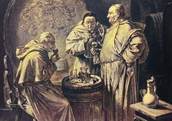 Mönche bei der Weinprobe im Weinkeller
