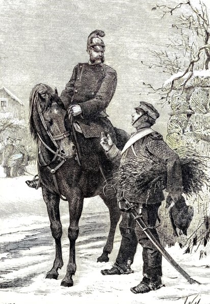 Soldat versteckt eine gestohlene Weihnachtsgans vor seinem Vorgesetzten
