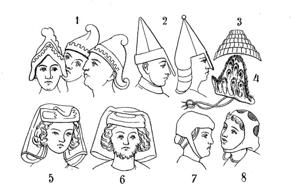 Male headpieces from the 9th - 13th Century. 1 Freemasonry helmets of the Carolingian period