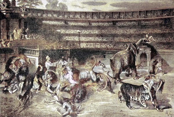 Christian martyrs are given to wild animals. Christliche Märtyrer werden wilden Tieren preisgegeben