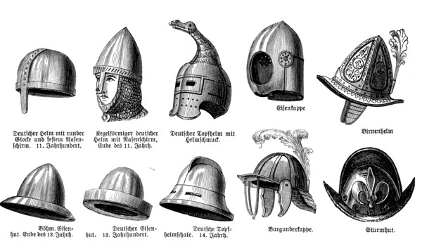 Helmets from different times from 11th century to 18th century
