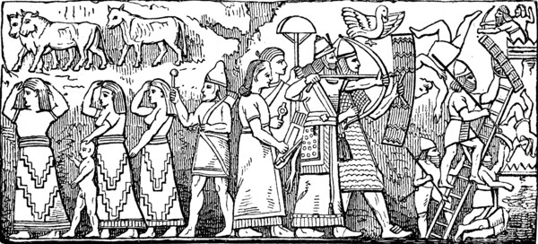 Assyrian warriors taking a fortress and leading away the prisoners