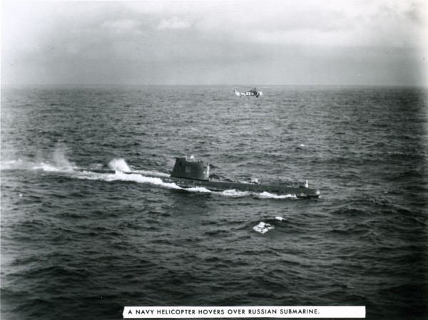 US Navy helicopter observes Soviet submarine, 1962