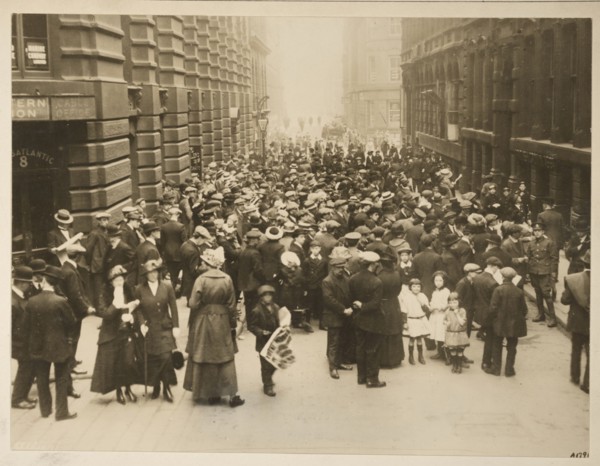 People gathered awaiting news on the Lusitania