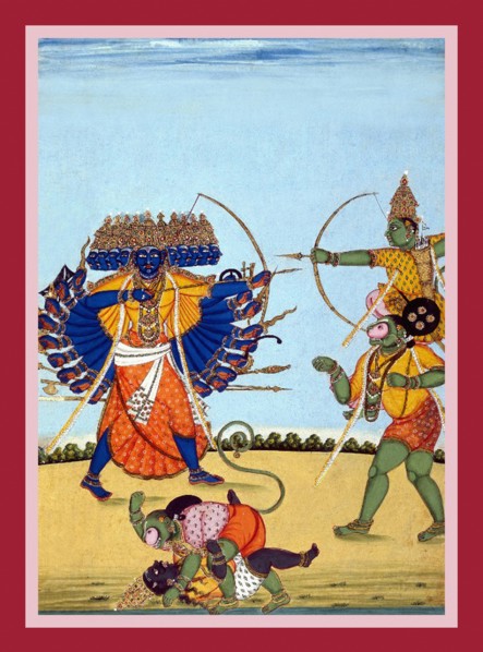 Rama mounted on Hanuman's shoulders fighting Rava?a