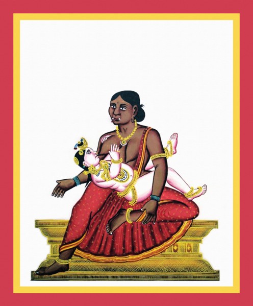 Dark-hued Butaki nursing Krishna