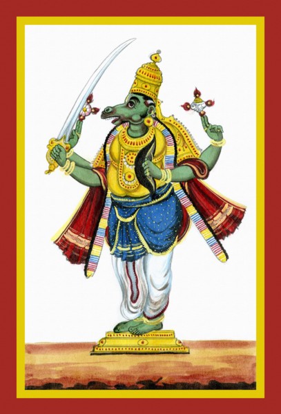 Kalki, of greenish complexion