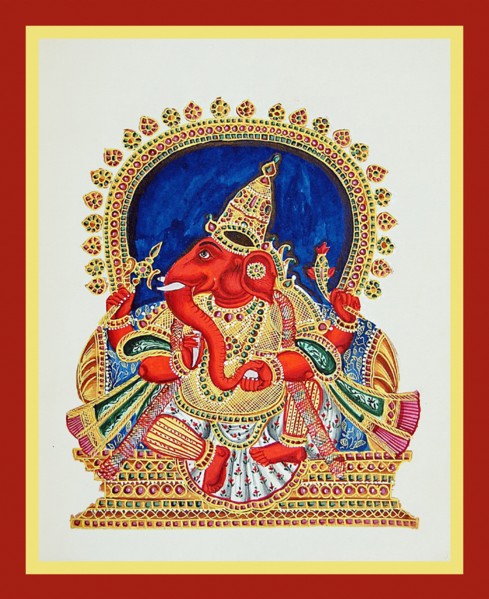 Ganapati seated in lalitasana on a throne