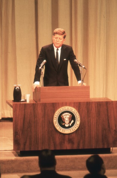 President Kennedy's first press conference broadcast live over TV and radio. Washington, DC, 1/25/61.