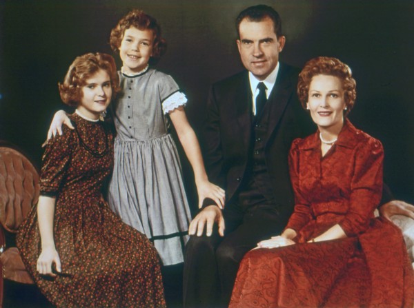 The Richard M. Nixon family in 1960. From left to right: Daughters Tricia and Julie, Vice-President Richard Nixon and wife Pat Nixon. 1960.