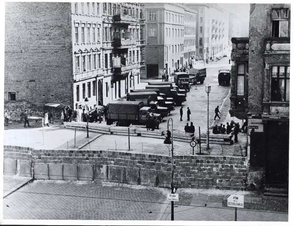 5/14/1961 - East German Army Trucks Line Up to Move Furniture Out of Houses Along Bernauer Strasse
